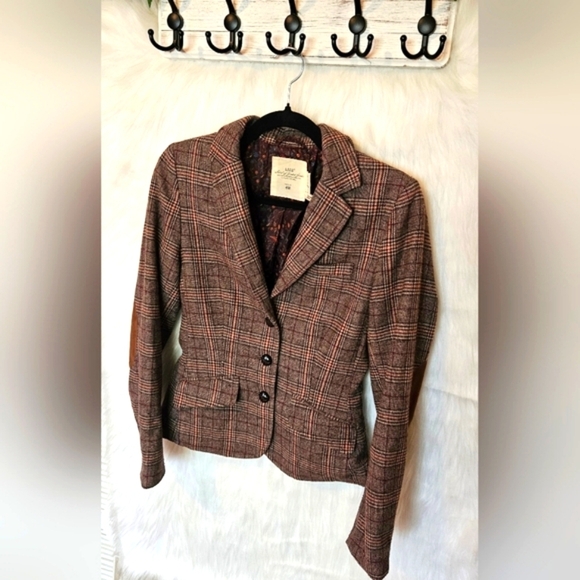 H&M L.O.G.G. Classic Plaid Lined Knit Blazer w/ Vintage Elbow Patches - Picture 2 of 8